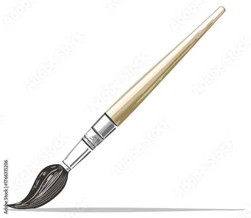 Artistic paintbrush with black bristles and light wood handle casting a shadow