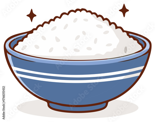 Cartoon illustration of a bowl of white rice with star sparkles