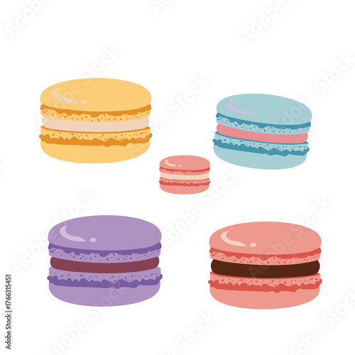Colorful Macarons Dessert Collection on White Background.