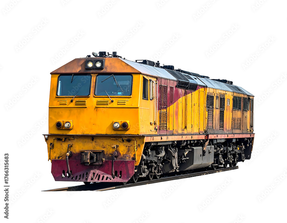 Naklejka premium Yellow and maroon train engine shown on tracks against a black background in daylight