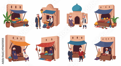 Middle Eastern market scene with vendors and stalls