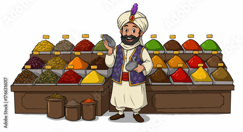 Spice merchant at market stall with colorful spices