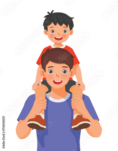 Little boy sitting on his father shoulders as for father's day concept