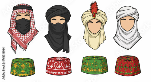 Middle Eastern headwear and hats collection with transparent background