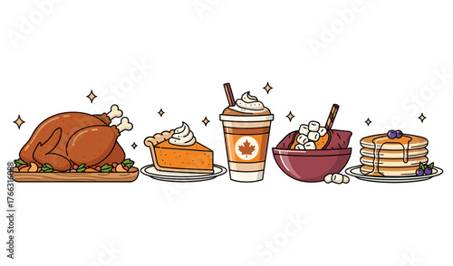 Thanksgiving Feast Roasted Turkey Pumpkin Pie Maple Drink and Pancakes Illustration