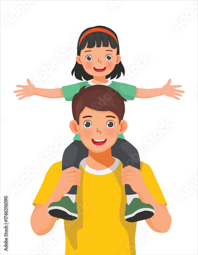 Little girl sitting on her father shoulders as for father's day concept
