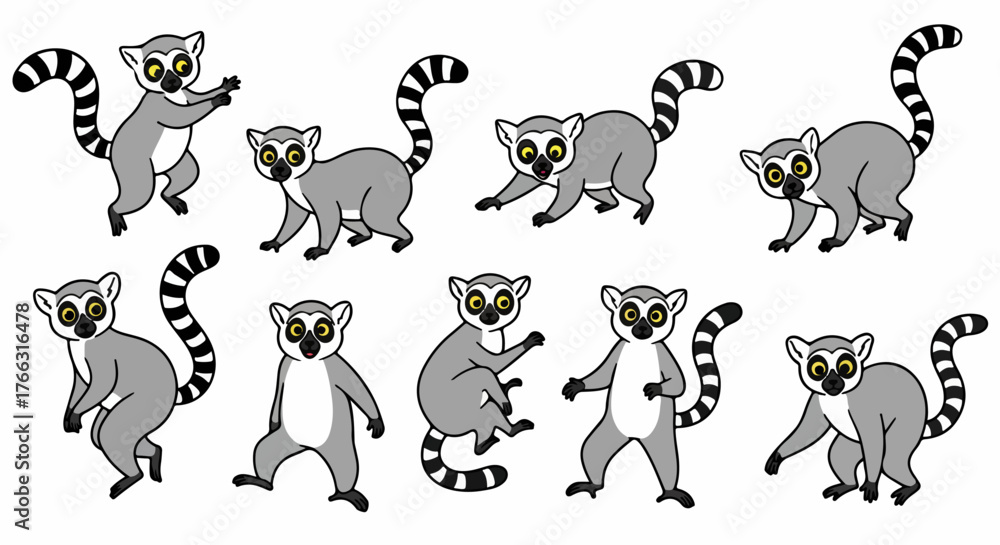 Fototapeta premium Lemur poses collection with transparent background
