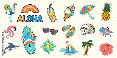 Collection of fun and colorful summer vacation icons and illustrations with aloha text
