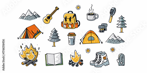 Collection of hand drawn camping and outdoor adventure icons with tents campfire guitar backpack and mountains