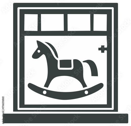 Rocking horse toy icon in a window frame with sill children's playroom symbol