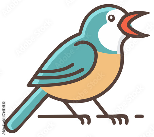 Adorable colorful flat design bird icon with open mouth chirping a happy melody