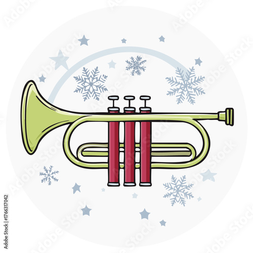 Illustration of a brass trumpet with snowflakes and stars suggesting winter music