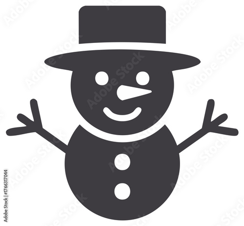 Snowman Silhouette with Hat and Carrot Nose, Winter Holiday Icon Vector Illustration