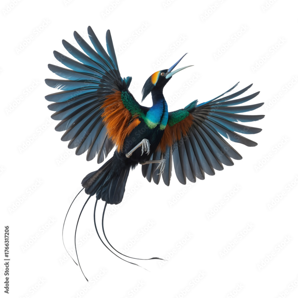 Naklejka premium Vibrant bird of paradise illustration with outstretched blue and orange wings isolated on transparent background