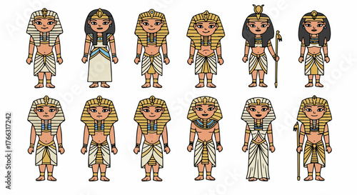 Egyptian pharaohs and royalty figures in traditional attire