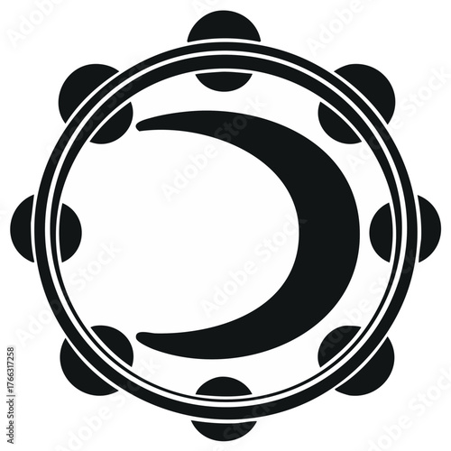 Musical instrument tambourine silhouette with crescent illustration, minimal art.