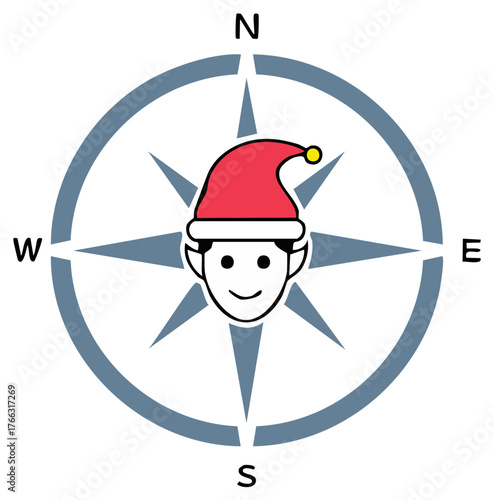 Christmas Elf Navigational Compass Icon with Santa Hat and North East South West Directions