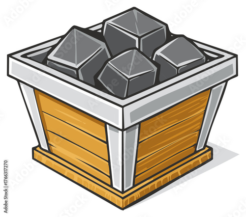 Wooden bucket filled with dark gray rocks or minerals illustration