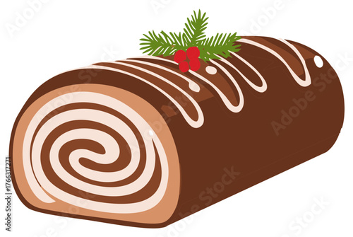 Christmas chocolate yule log dessert with white icing swirl and festive winter berry decoration