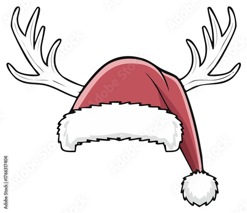 Funny red Santa hat with reindeer antlers, a festive Christmas cartoon illustration