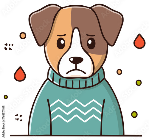 Sad dog in a sweater with tears and droplets surrounding it, representing sadness or illness