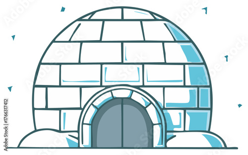Illustration of an arctic igloo snow hut with an arched entrance on a cold winter day