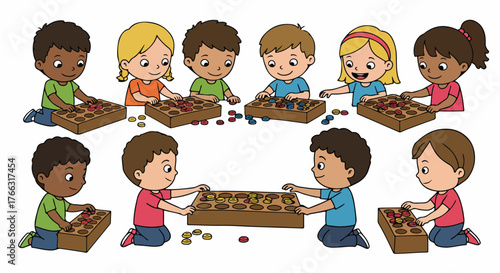 Children playing mancala game with colorful tokens