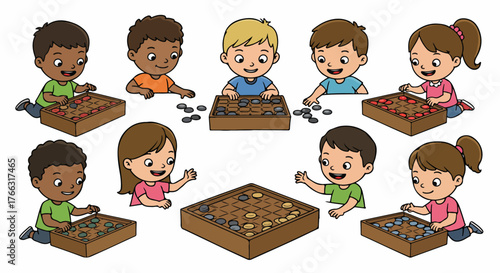 Children playing mancala board game with happy expressions