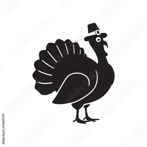 thanksgiving day holiday mascot bird with feathers and pilgrim cap vector graphic.