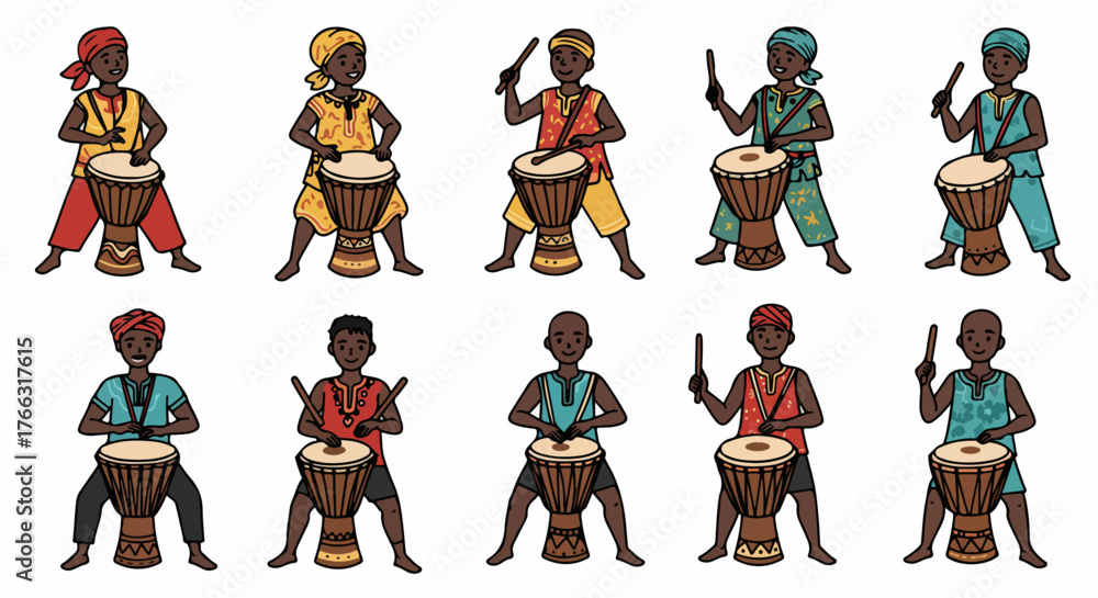 Fototapeta premium Djembe drummers playing traditional african percussion instruments