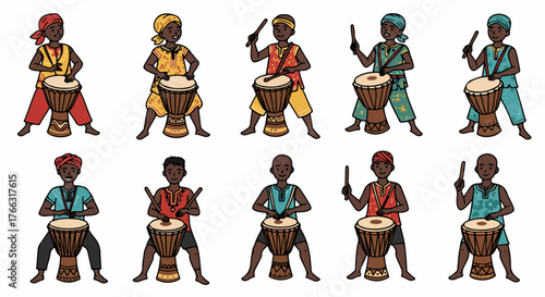 Djembe drummers playing traditional african percussion instruments