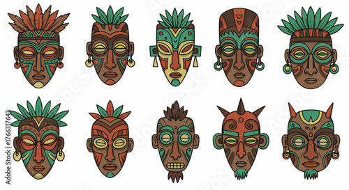 Tribal masks collection with transparent background