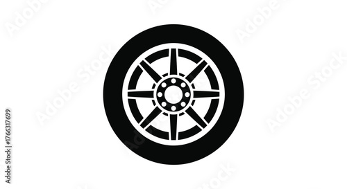 A stark black silhouette of a car wheel with an intricate spoke design on a clean white background