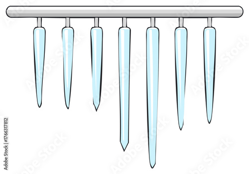 Cartoon Illustration of Hanging Blue Icicles with Sharp Points on a Silver Bar