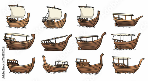 Various brown boats on water