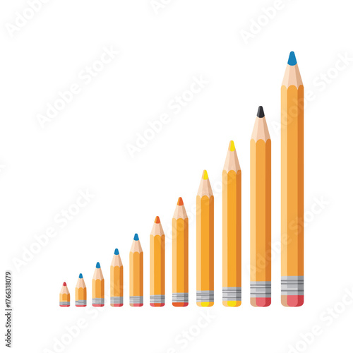 A row of colored pencils arranged in ascending order of size representing a growth chart.