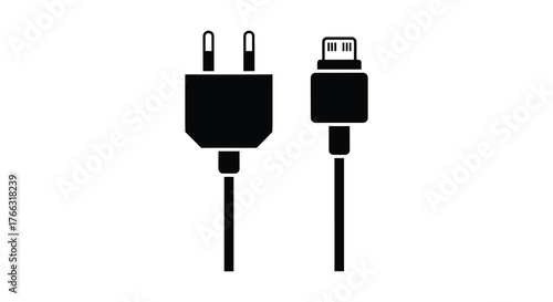 A black silhouette of a wall charger and a usb cable with a micro usb connector on a white background