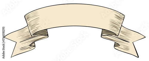 Detailed banner illustration with folds and hatching, beige color, vintage scroll