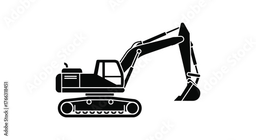 A black silhouette of a tracked excavator with its arm and bucket extended isolated on a white background