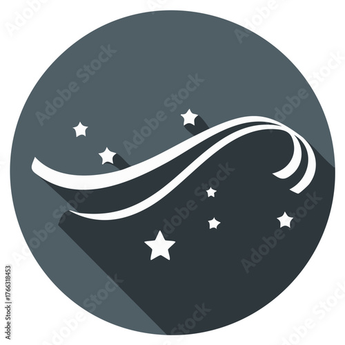 White wind gust with stars on a gray circular flat design icon with a long shadow
