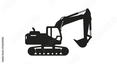 Black silhouette of a tracked excavator with its boom and bucket extended on a white background