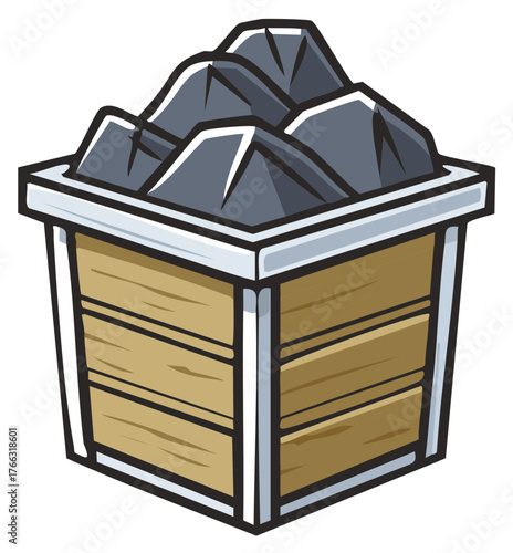 Coal Pile in Wooden Bin Mining Industry Cartoon Vector Illustration