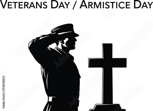 Silhouette of a soldier saluting at a grave cross for Veterans Day