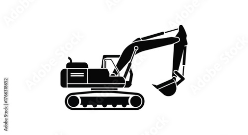 A black silhouette of a heavy duty excavator with a long arm and bucket on a white background silhouette