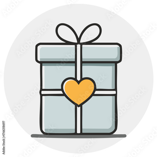 Illustrated gift box with a yellow heart and ribbon bow celebrating love and generosity