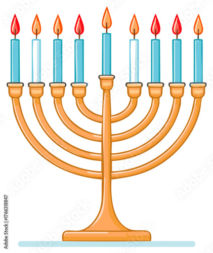 Vector illustration of Hanukkah menorah with nine candles lit for Jewish holiday celebration