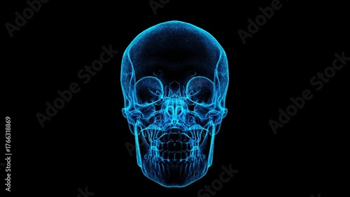 Futuristic Blue Skull X-ray on Black Abstract Digital Art Exploration