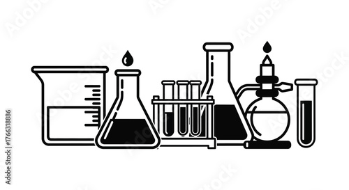 A collection of various laboratory glassware and equipment arranged in a science experiment silhouette