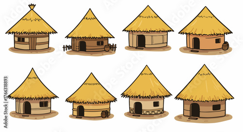 Traditional huts with thatched roofs in various styles