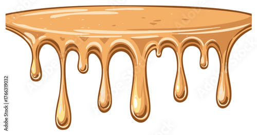 Golden caramel sauce liquid drips and flows in streams creating sweet gooey texture